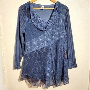 This & That Mixed Media Lace Cowl Neck Asymmetrical Tunic sz Large Blue